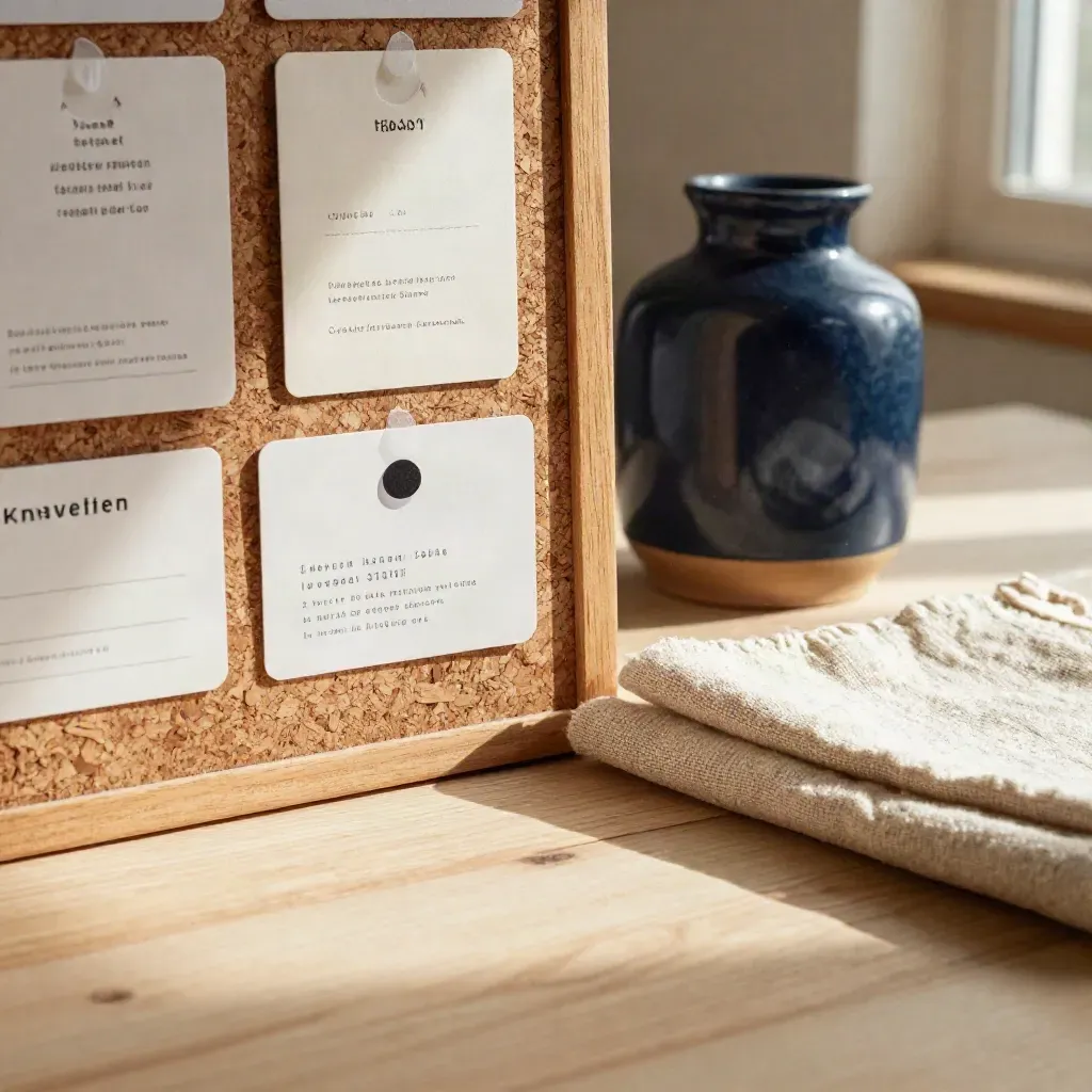 Cork board with blurred contact cards, navy vase, and linen runner in warm window light.