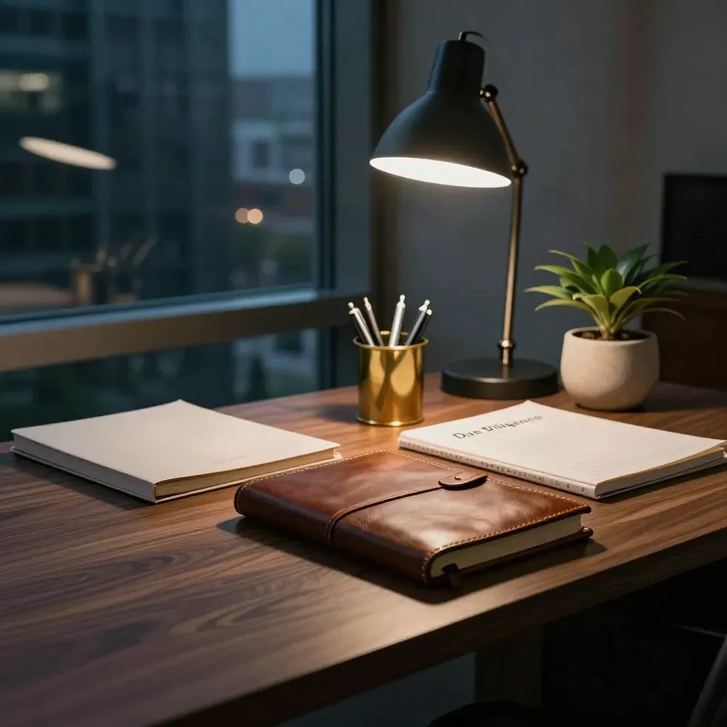 Quiet VC desk with notebook, pen cup, lamp and plant by a reflective night window.