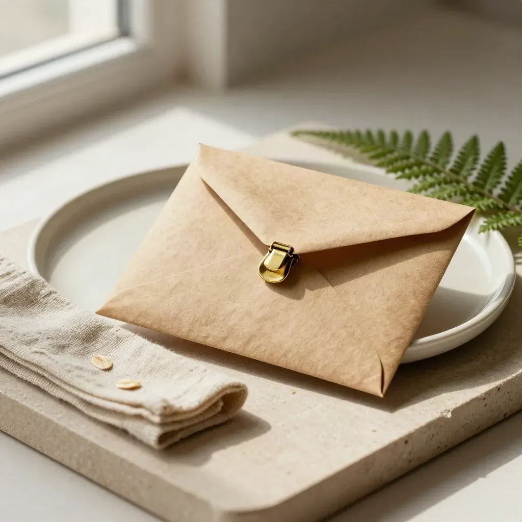 Kraft seed packet, brass clasp, ceramic dish, linen and fern on stone in soft window light.