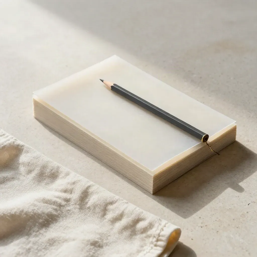 Top-down still life of page sleeves, pencil, brass clip and cloth on pale stone.