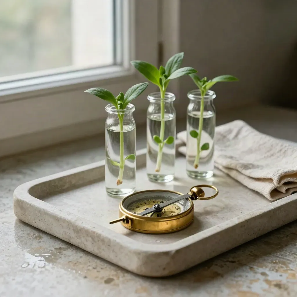 Brass compass with seedlings in vials on a stone tray, soft morning light.