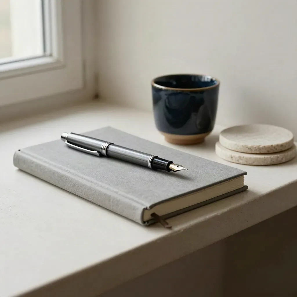 Closed notebook, fountain pen, ceramic cup and stacked stone coasters on a plaster shelf.