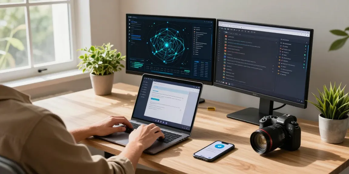 Accessing Telegram in China with smart devices and VPN in a modern home office.