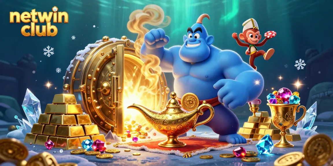 Experience thrills at netwin club with a bustling casino scene featuring a magical genie, treasure, and poker chips.