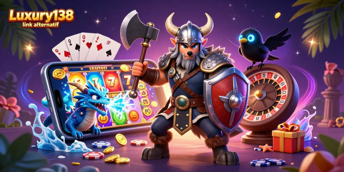 Engage with the Luxury138 link alternatif in this vibrant casino scene featuring a Viking wolf warrior and a fierce dragon.