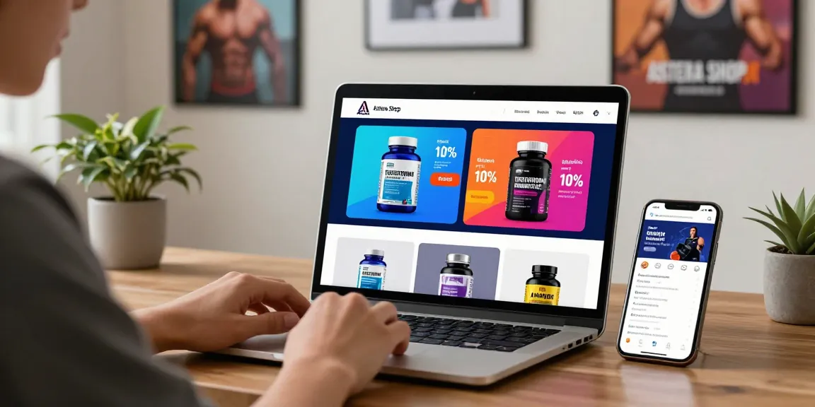 Browsing Astera Shop for steroids and supplements on a laptop with product displays and promotions.