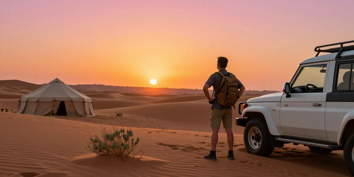 Traveler enjoying a desert sunset view in a scenic slot landscape, capturing adventure moments.