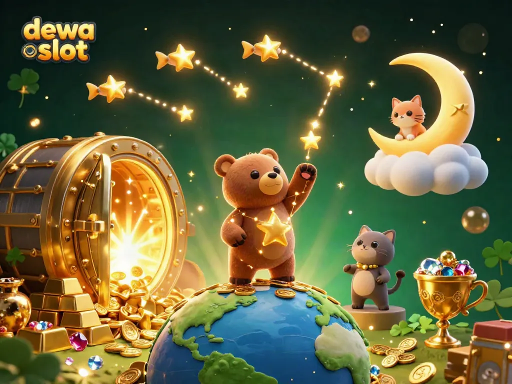 Menggandakan kesenangan bermain dewa slot dengan ilustrasi 3D yang penuh warna dan elemen kasino menggiurkan.