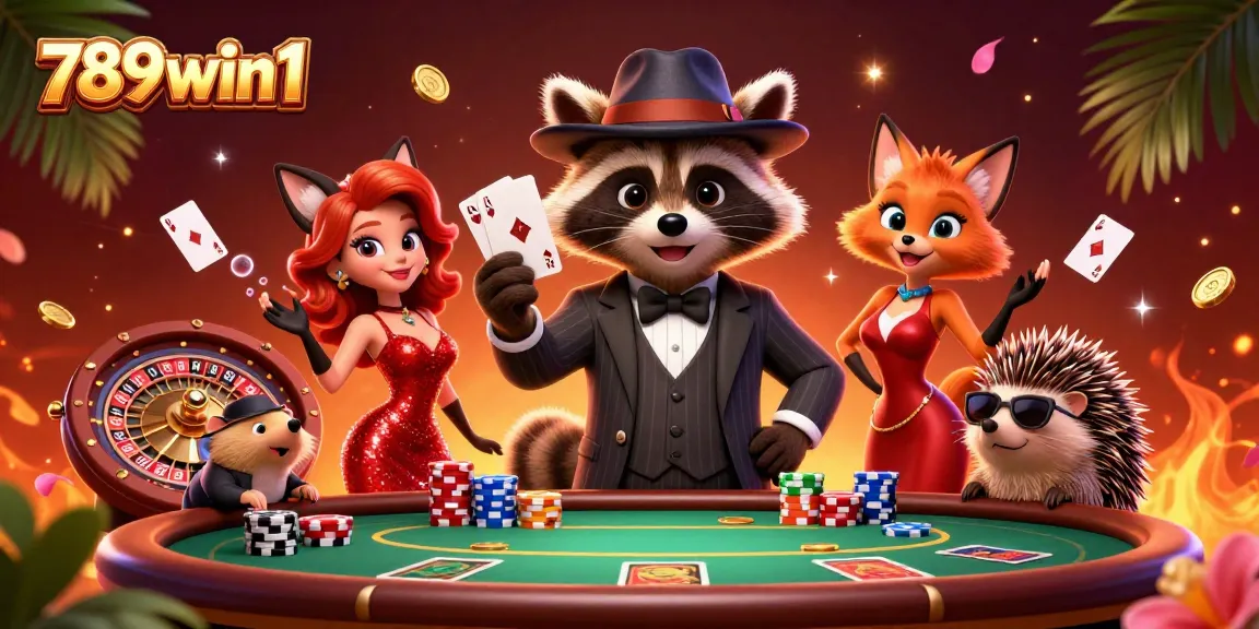 Score big with 789win1 in this vibrant poker showdown illustration featuring playful characters.