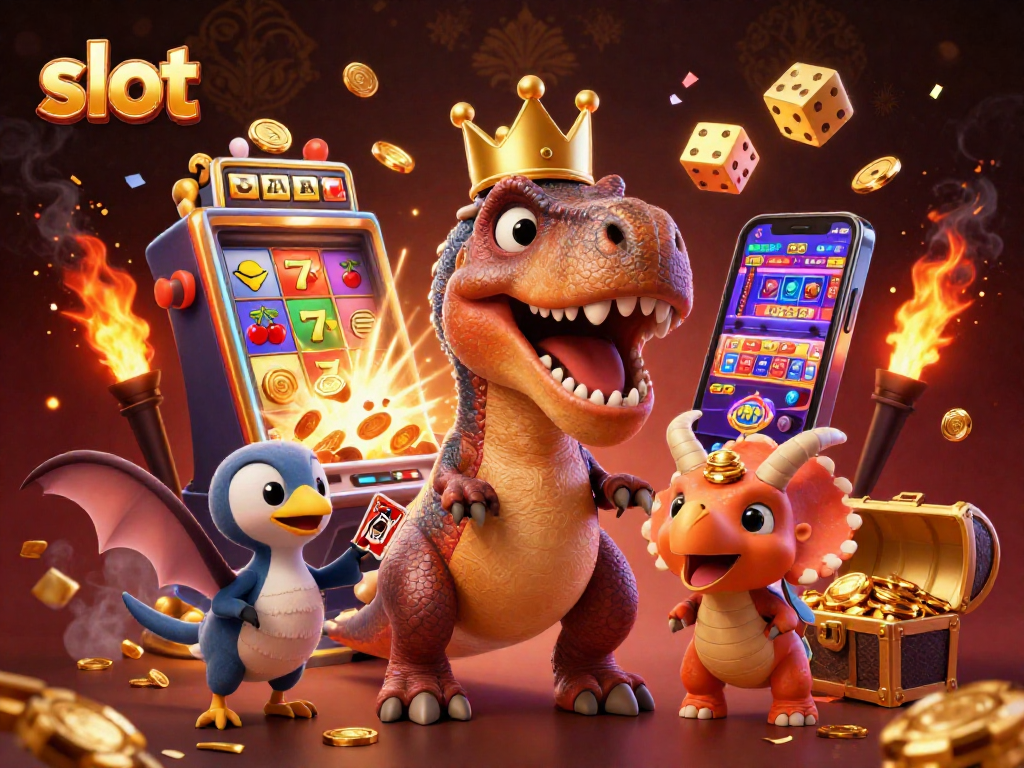 Spin the slot for a jackpot with cartoon dinosaurs amid golden coins and vibrant casino elements