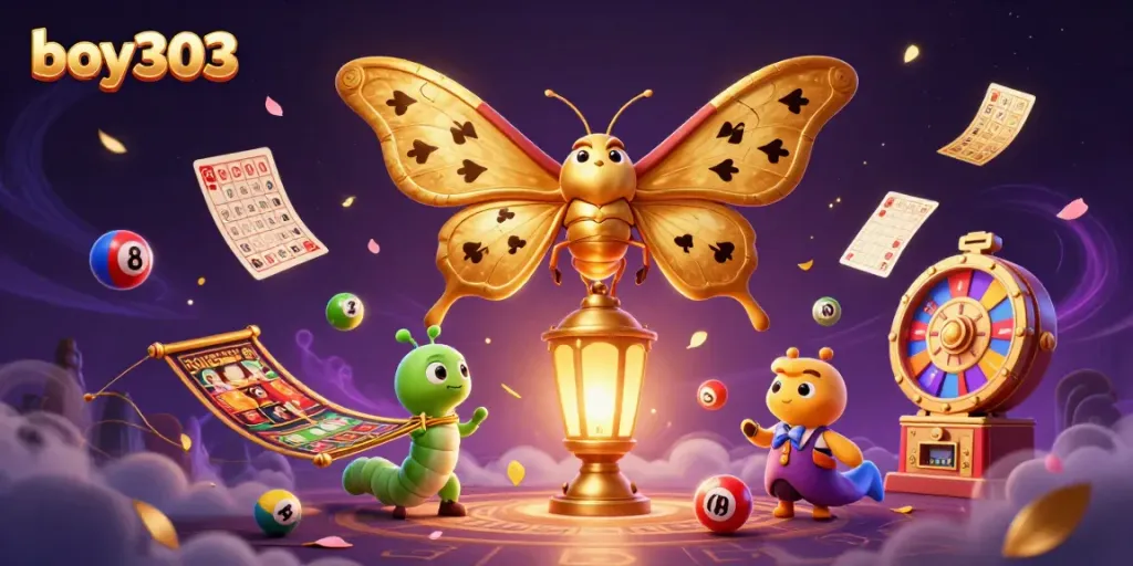 Experience excitement with boy303, featuring a vibrant casino-themed 3D illustration of a majestic moth and games.