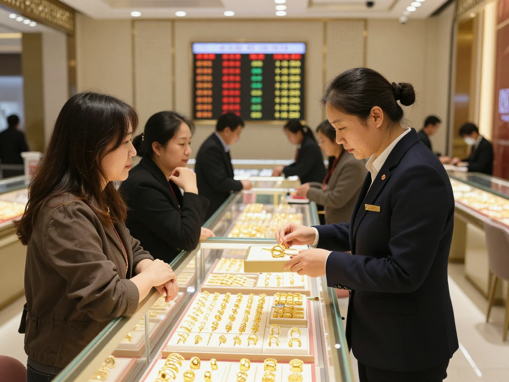 Explore current gold prices and premium jewelry options at https://bahraingoldprices.com/ in a luxurious showroom setting.