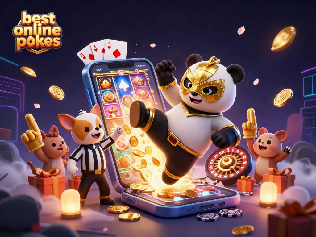 Engaging scene of best online pokies featuring a panda wrestler and a referee amidst vibrant slot game elements.