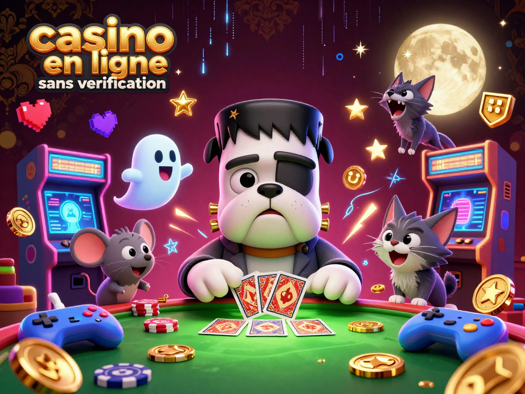 Jouez à des jeux avec un casino en ligne sans vérification, présenté par un bulldog Frankenstein et un chat loup.