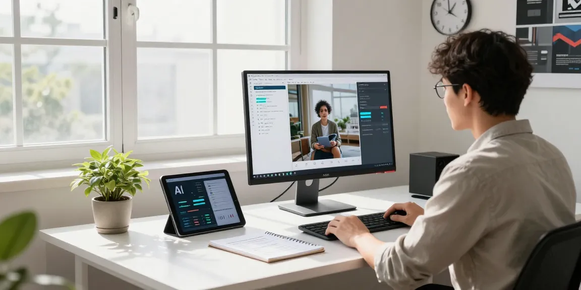 AI Detector in action, analyzing image authenticity on a modern desk setup with tech tools.