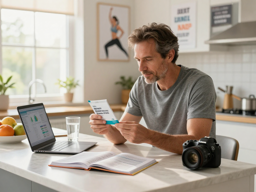BPC 157 Side Effects analysis in a home wellness setting, man reviewing supplements.