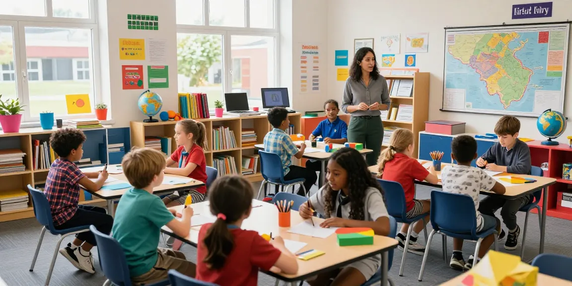 Children engaging in collaborative learning activities in vibrant British schools.