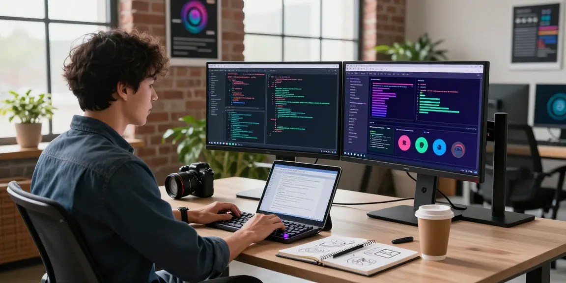 Dynamic tech workspace highlighting innovative AI tools 2026 with dual monitors, developer at desk, and collaborative elements.