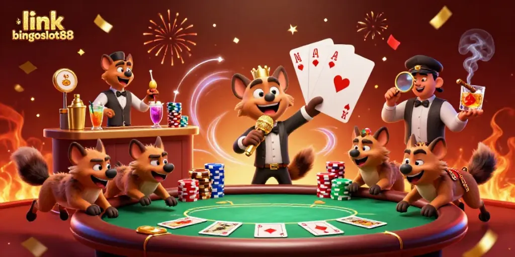 Gambarkan suasana kasino komedi dengan karakter hyena bercanda, barman, dan pengawal di link bingoslot88.