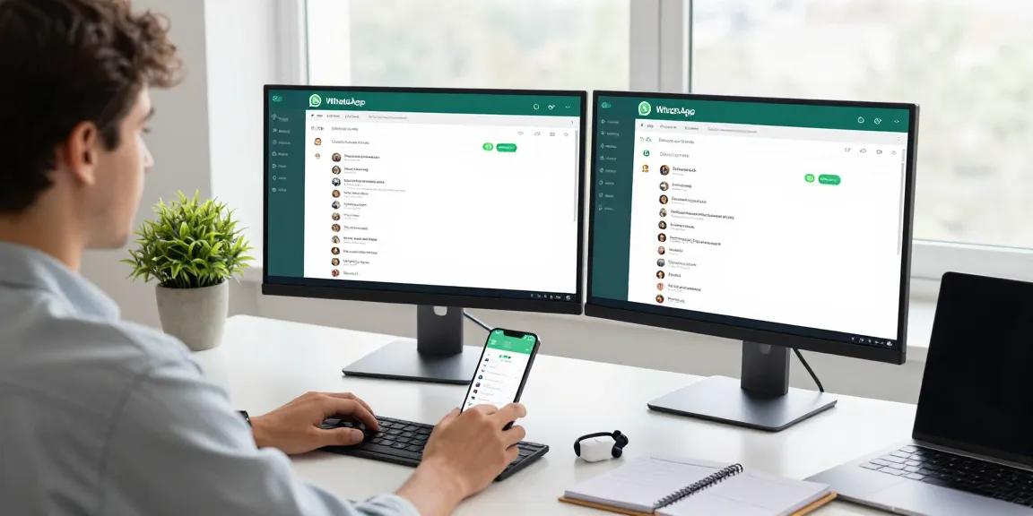 Professional using WhatsApp網頁版 on desktop setup, displaying chat threads and productivity tools.