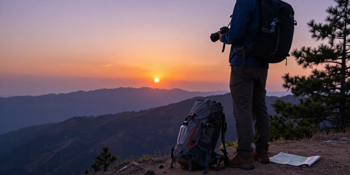 여행자가 해질녘 경치 좋은 풍경에서 https://www.danbamop.com/suncheon-op을 바라보며 카메라를 들고 있는 모습입니다.