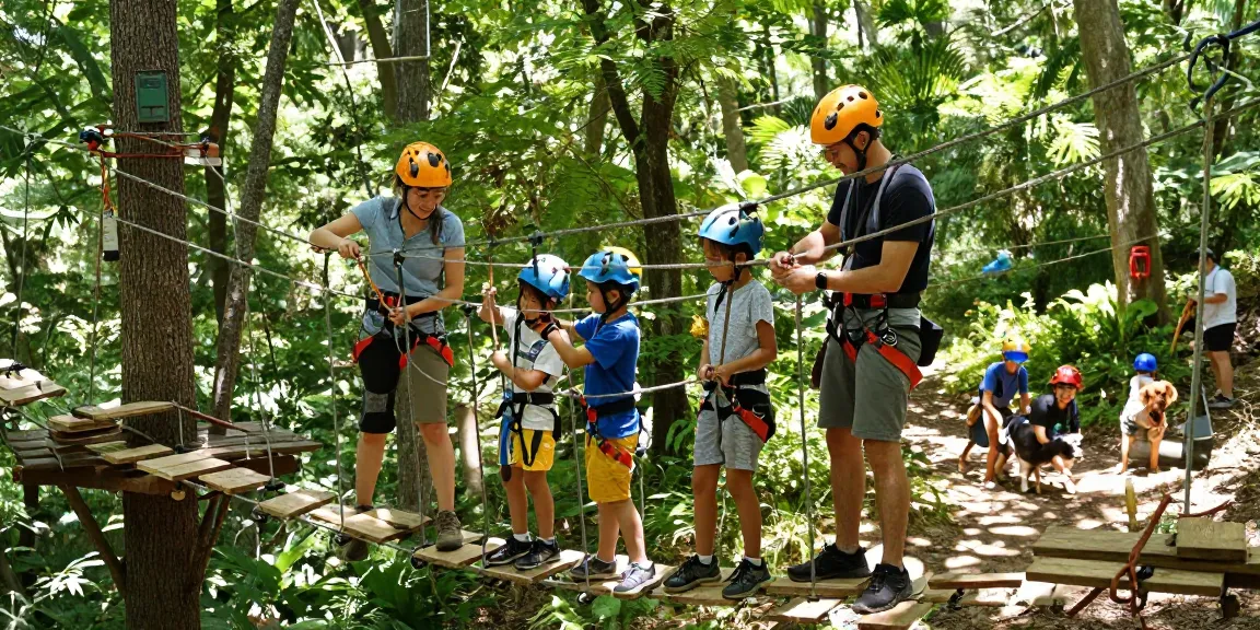 Engaged family working on a Rope Bridge design in a forested setting.