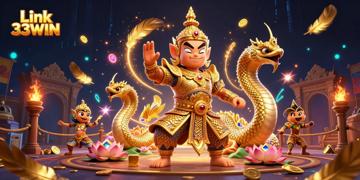 Engage in winning at Link 33WIN with dynamic 3D casino guardians and vibrant game elements.