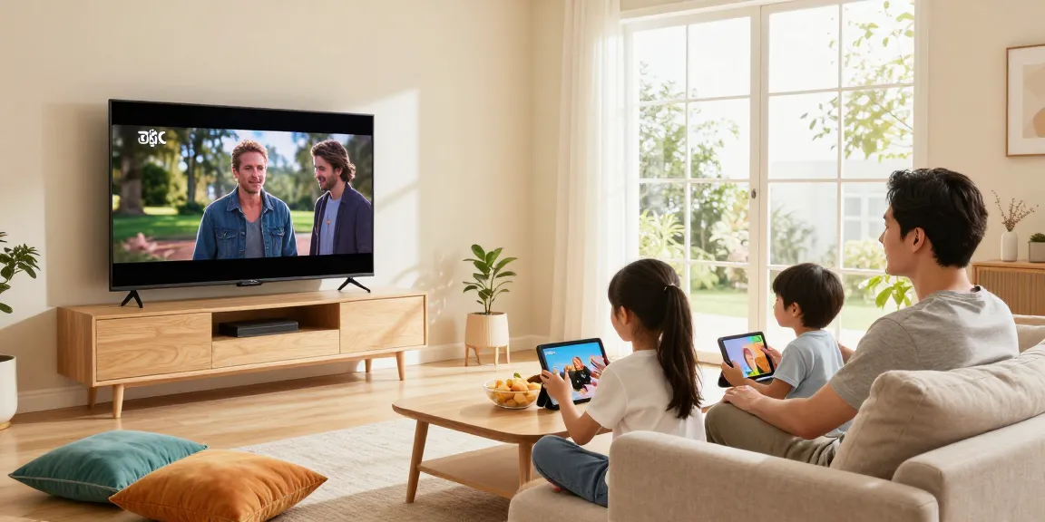 Une famille profitant de l'abonnement IPTV dans un salon lumineux.