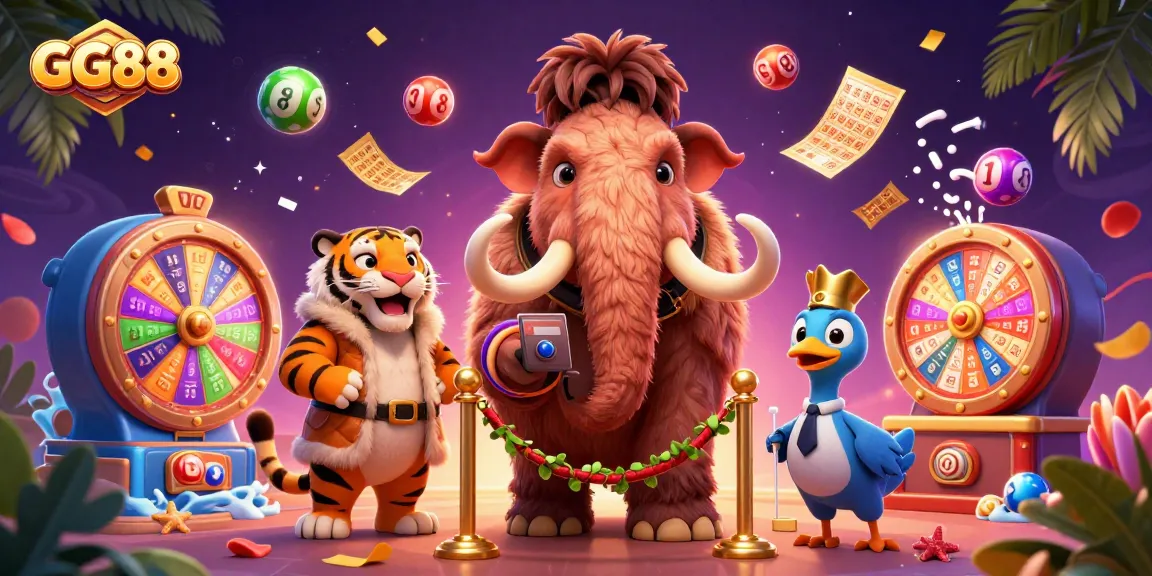 Experience GG88 excitement with a dynamic casino scene featuring animal bouncers and vibrant game elements.