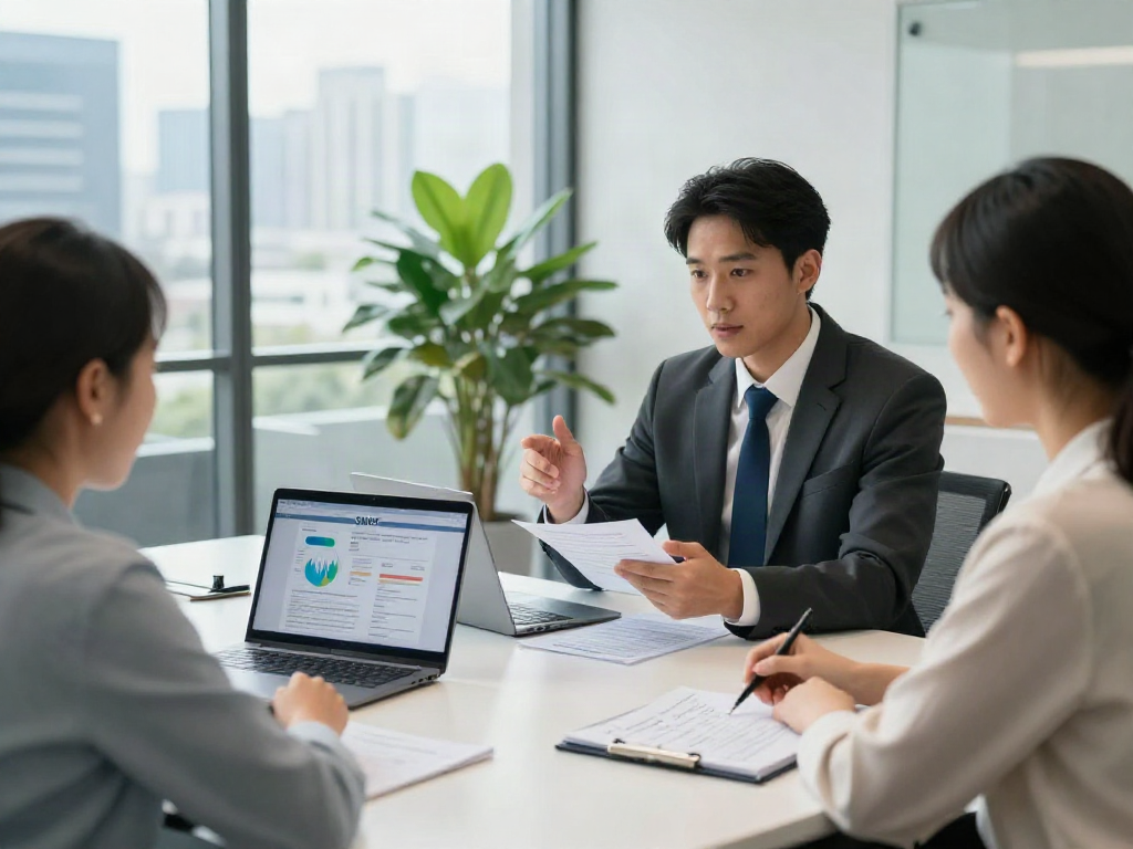 Expert financial advisor discussing SMSF set up with clients in modern office.