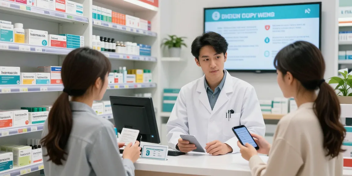 Pharmacist guiding customers on ivermectin dosage for humans in a well-organized pharmacy setting.