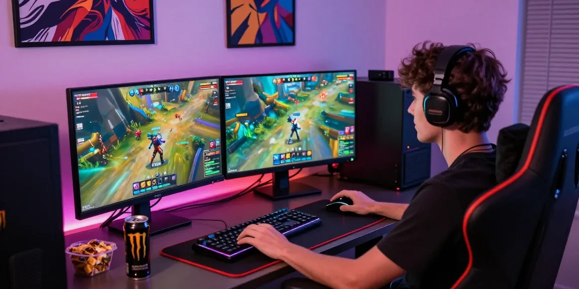 Pengguna santoto4d sedang asyik bermain game online dengan monitor dan aksesori gaming modern.