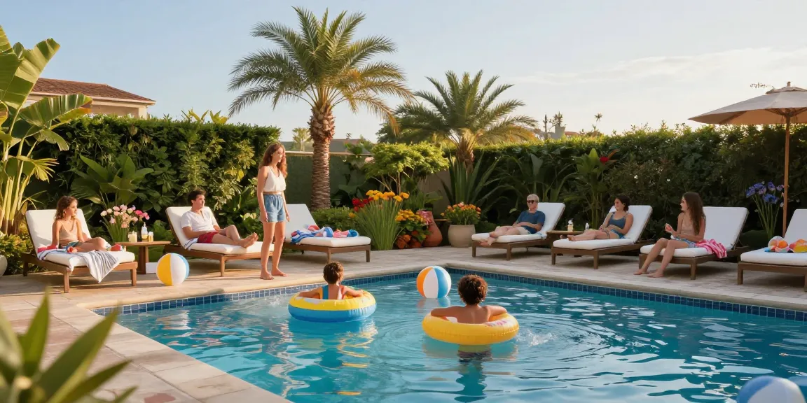 Oprema za bazene displayed in a vibrant outdoor pool setting with families enjoying.