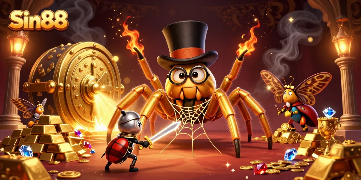 Sin88 casino features a golden tarantula, beetle knight, and moth spectators in a vibrant scene.