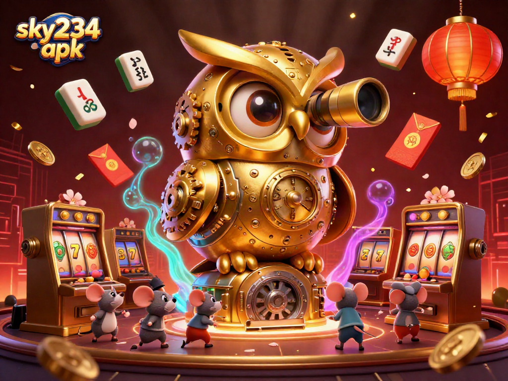 Explore the world of sky234 apk with a vibrant casino scene, featuring an owl and dynamic gameplay elements.