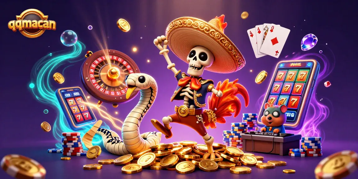 Experience the thrilling action of qqmacan with vibrant characters and slot reels in a dynamic casino scene.