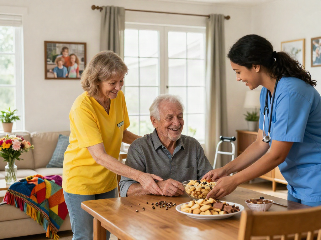 Engaging home care scene featuring caregivers assisting elderly clients, highlighting the bonus new member benefits through personalized care.