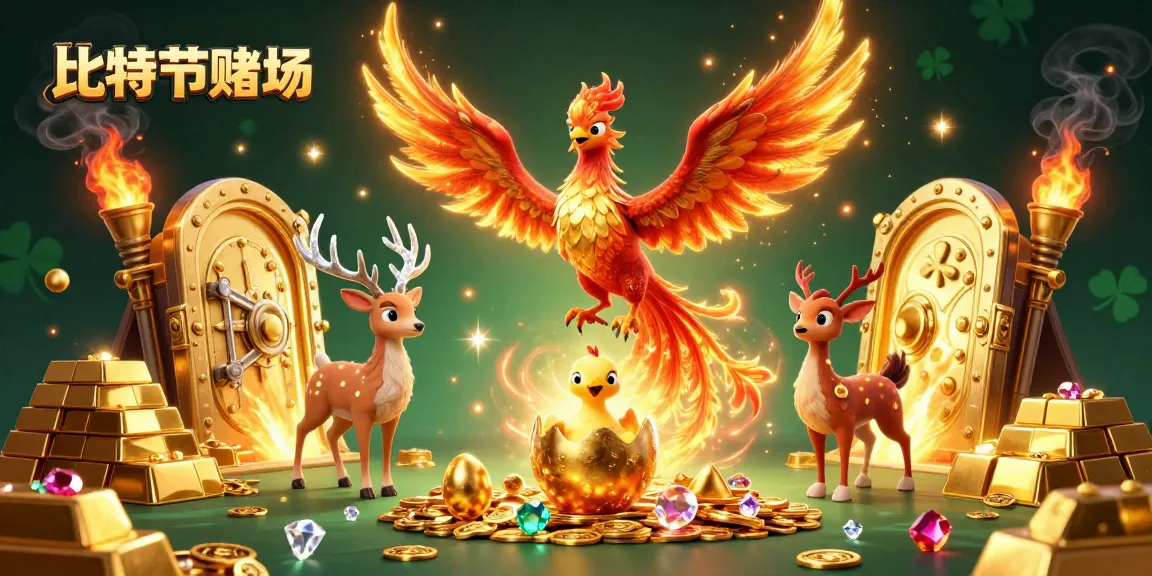 比特幣賭場場景中的火鳳凰與神秘梅花鹿環繞著金色寶藏,展現驚人的贏取機會。