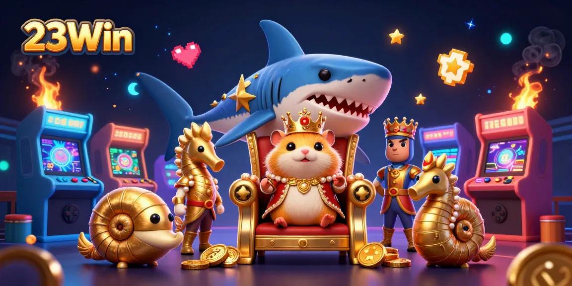 Experience the thrilling world of 23Win with a fierce hamster king amidst vibrant casino elements.