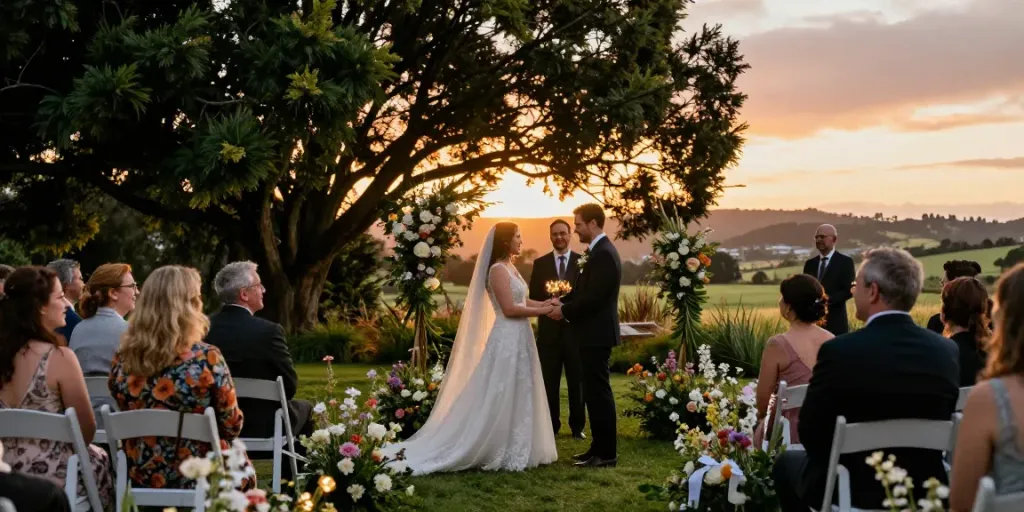 documentary wedding photographer in Dunedin captures couple's sunset vows.