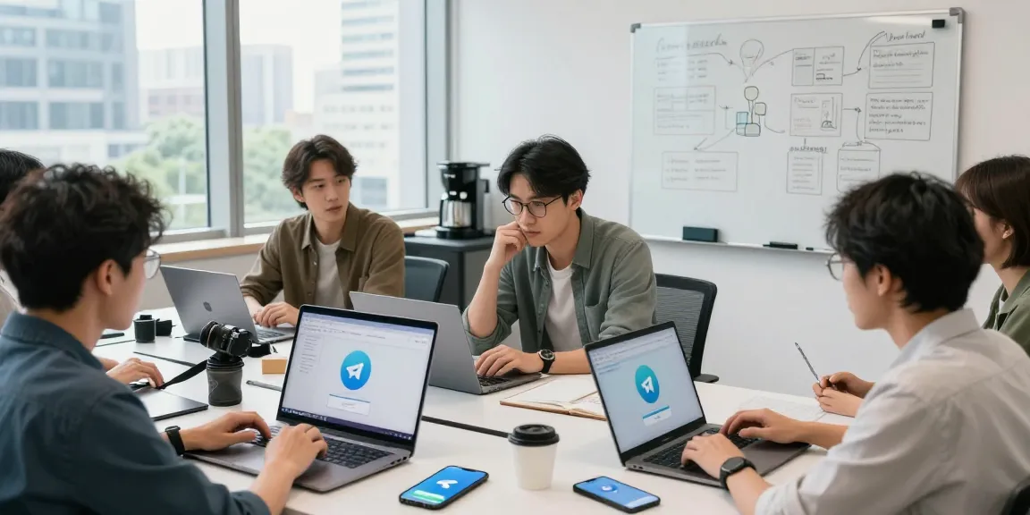 Collaborating professionals accessing Telegram in China using VPN in a modern tech workspace.