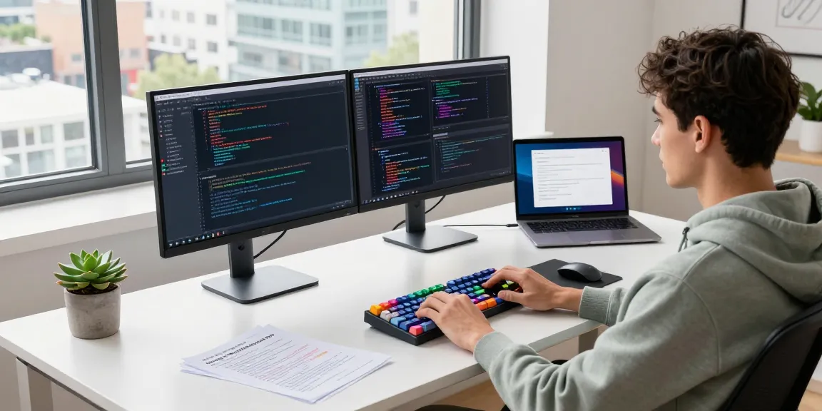 Developer showcasing 快连 app features in a modern workspace with vibrant code and analytics.