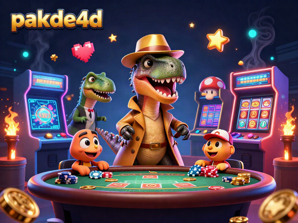 Experience pakde4d with a lively scene of cartoon dinosaurs at a bustling casino table.