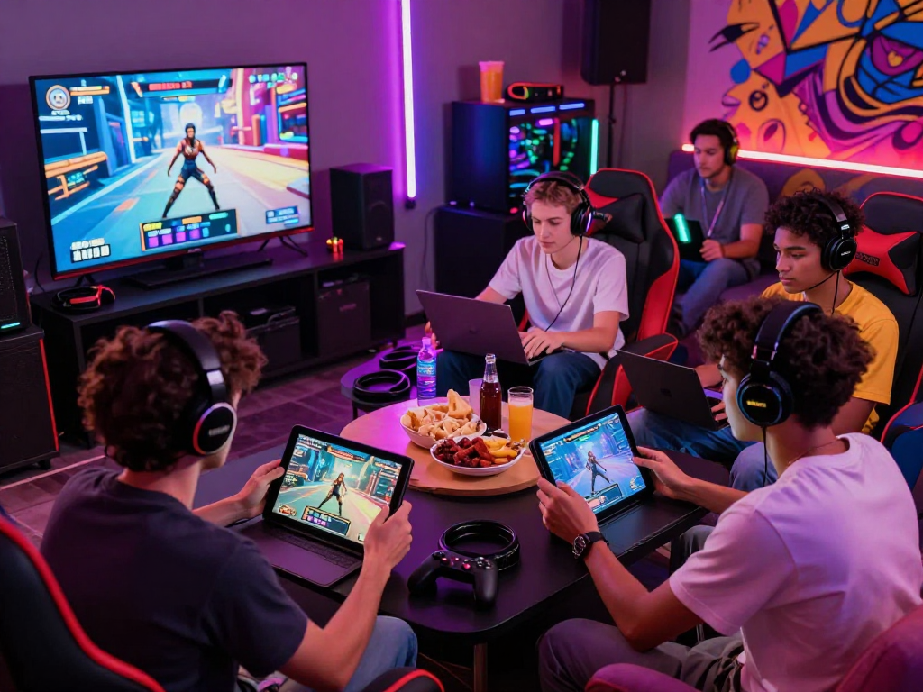 Exciting gaming lounge scene with diverse players enjoying porngames on multiple devices in a vibrant environment.