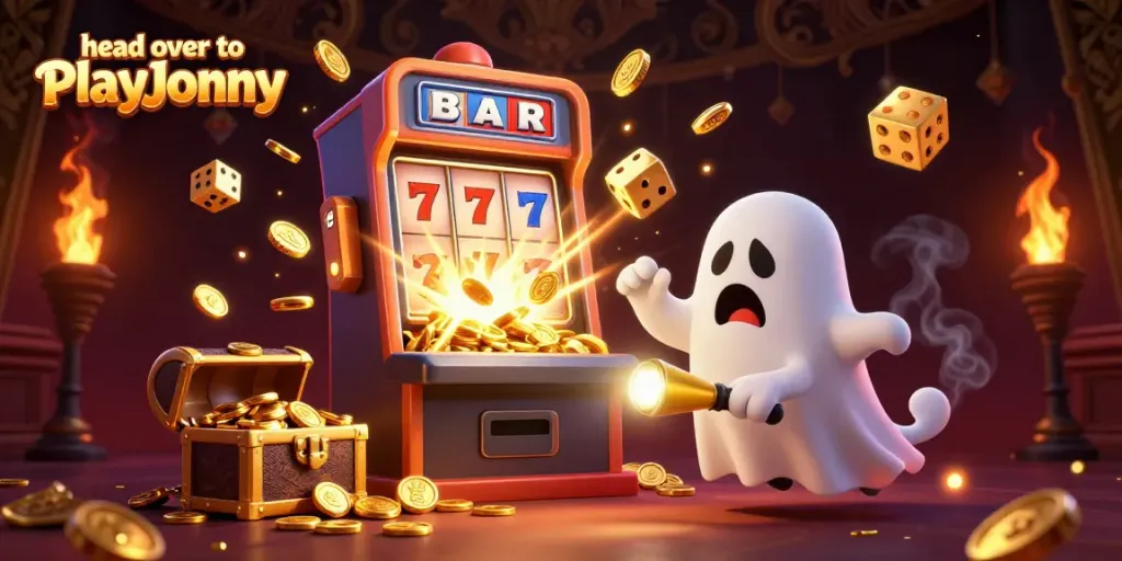 Engage with the thrill at PlayJonny while witnessing a playful poltergeist monkey in a lively casino scene.