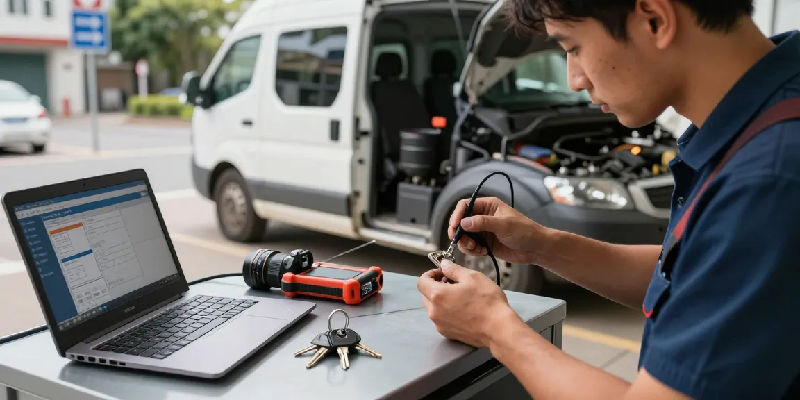 Expert locksmith diagnosing a contactslot probleem in a car's ignition system using professional tools in a mobile workshop.