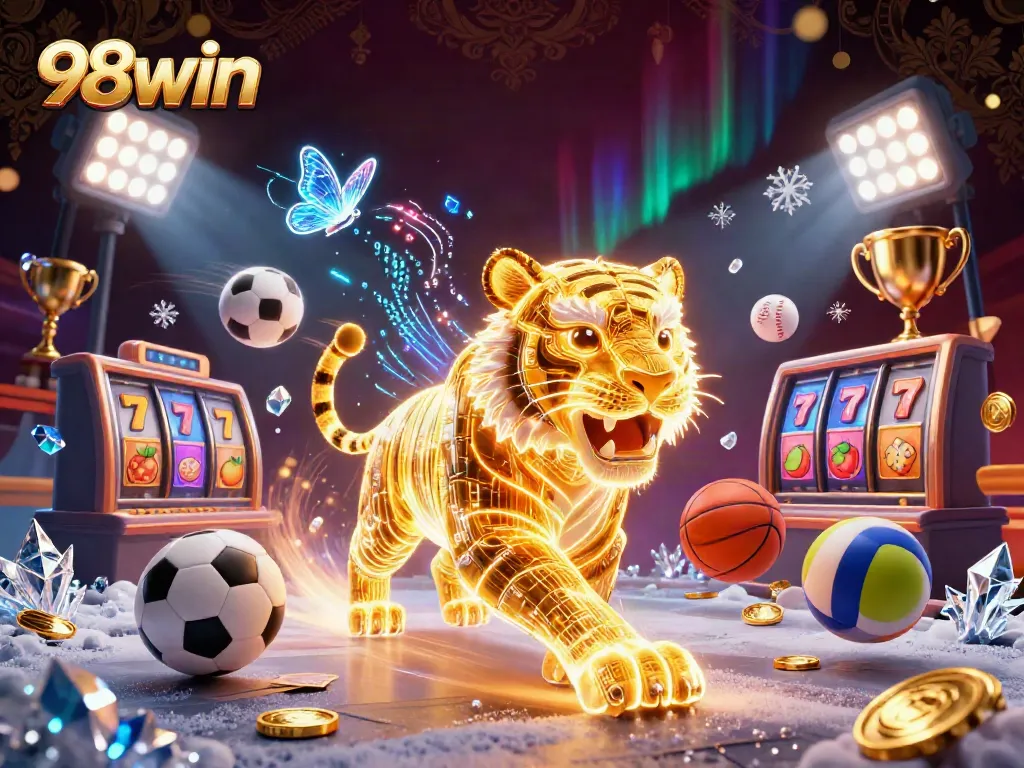 Experience the thrilling excitement of 98win in a vibrant digital casino scene filled with slot machines and sports elements.