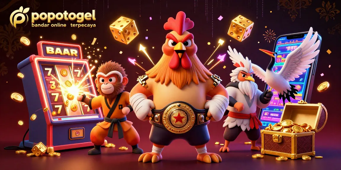 Spin and win at popotogel bandar online terpercaya, featuring dynamic casino characters and jackpot elements in action.
