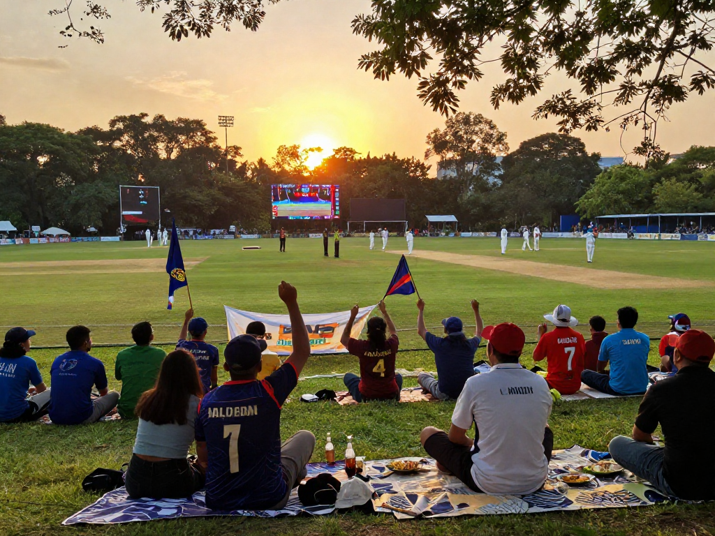 Fans enjoying a cricket match with Cricfy TV streaming live updates and scores in a vibrant outdoor setting