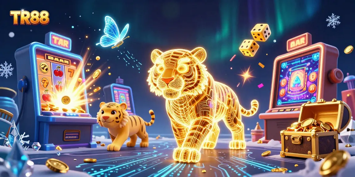 Experience TR88's thrilling casino world with a vibrant 3D golden tiger and slot machine explosion.